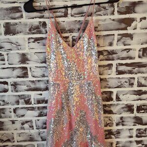 New Hello Molly Size 8 Pink Silver Sequin Dress Crossback Spaghetti Straps Mini